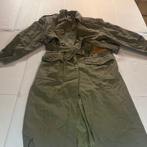 Vintage Together Olive Green Military Style trench Coat 100% cotton leather trim